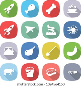 flat vector icon set - rocket vector, chicken leg, bone, flower bed, deltaplane, aquapark, satellite, kettle, shovel, eggplant, sheep, foam bucket, sponge with, drying clothes