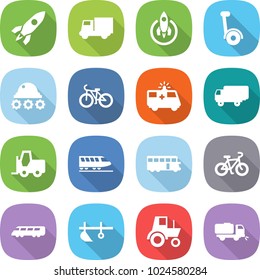 flat vector icon set - rocket vector, truck, gyroscooter, lunar rover, bike, ambulance car, shipping, fork loader, train, bus, speed, plow, tractor, sweeper