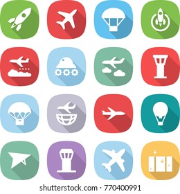 flat vector icon set - rocket vector, plane, parachute, weather management, lunar rover, journey, airport tower, delivery, shipping, air ballon, deltaplane, airplane, clean window