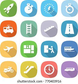 flat vector icon set - rocket vector, stopwatch, lightning, ambulance car, ladder, stairs, road, plane, consolidated cargo, courier delivery, train, motorcycle, escalator, watch, speed