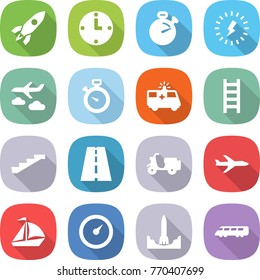 flat vector icon set - rocket vector, clock, stopwatch, lightning, journey, ambulance car, ladder, stairs, road, scooter shipping, plane, sail boat, barometer, start, speed train