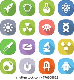 flat vector icon set - rocket vector, hex molecule, round flask, atom, around, nuclear, ufo, dna, pipette, pill, microscope, kidneys, core, electric magnet, led, robot