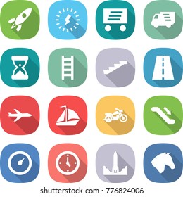 flat vector icon set - rocket vector, lightning, delivery, sand clock, ladder, stairs, road, plane, sail boat, motorcycle, escalator, barometer, watch, start, horse