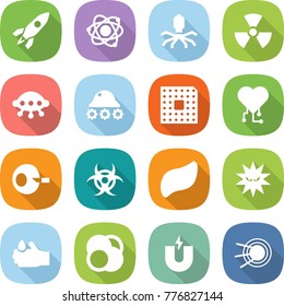 flat vector icon set - rocket vector, atom, virus, nuclear, ufo, lunar rover, cpu, cardio chip, artificial insemination, biohazard, liver, acid, core, magnet, satellite