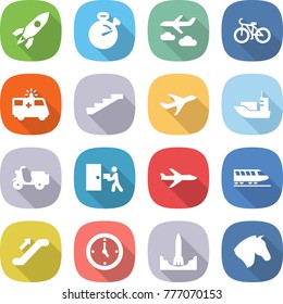 flat vector icon set - rocket vector, stopwatch, journey, bike, ambulance car, stairs, plane, sea shipping, scooter, courier delivery, train, escalator, watch, start, horse