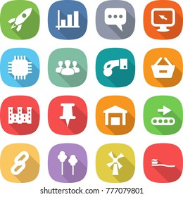 flat vector icon set - rocket vector, graph, message, monitor arrow, chip, group, hand coin, remove from basket, palace, pin, warehouse, conveyor, link, trees, windmill, tooth brush