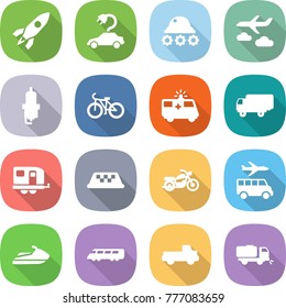 flat vector icon set - rocket vector, electric car, lunar rover, journey, spark plug, bike, ambulance, shipping, trailer, taxi, motorcycle, transfer, jet ski, speed train, pickup, sweeper