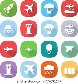 flat vector icon set - rocket vector, plane, parachute, weather management, lunar rover, airport tower, delivery, shipping, air ballon, deltaplane, airplane, rain cloud, clean window
