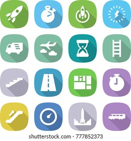 flat vector icon set - rocket vector, stopwatch, lightning, delivery, journey, sand clock, ladder, stairs, road, consolidated cargo, escalator, barometer, start, speed train