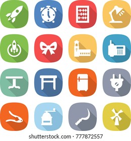 flat vector icon set - rocket vector, alarm clock, abacus, table lamp, bow, church, phone, stool, fridge, plug, walnut crack, hand mill, sickle, windmill