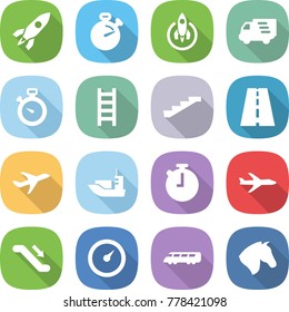 flat vector icon set - rocket vector, stopwatch, delivery, ladder, stairs, road, plane, sea shipping, escalator, barometer, speed train, horse