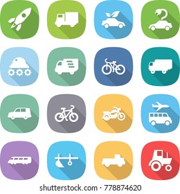 flat vector icon set - rocket vector, truck, eco car, electric, lunar rover, delivery, bike, shipping, motorcycle, transfer, speed train, plow, pickup, tractor