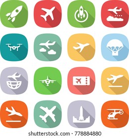 flat vector icon set - rocket vector, plane, weather management, drone, journey, parachute delivery, shipping, ticket, departure, arrival, start, helicopter