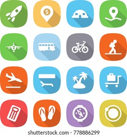 flat vector icon set - rocket vector, dollar pin, dome house, geo, plane, bus, bike, tourist, arrival, lounger, island, baggage trolley, inflatable mattress, flip flops, compass, orbit