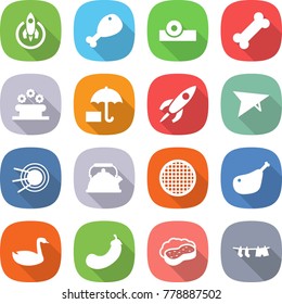 flat vector icon set - rocket vector, chicken leg, head reflector, bone, flower bed, insurance, deltaplane, satellite, kettle, sieve, goose, eggplant, sponge with foam, drying clothes