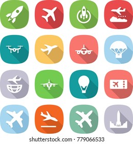 flat vector icon set - rocket vector, plane, weather management, drone, parachute delivery, shipping, air ballon, ticket, airplane, arrival, start