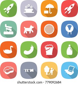 flat vector icon set - rocket vector, flower bed, aquapark, dog, sieve, sheep, goose, eggplant, foam bucket, cleanser, sponge with, drying clothes, garden cleaning, floor washing