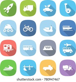 flat vector icon set - rocket vector, truck, eco car, gyroscooter, lunar rover, bike, sea shipping, train, trailer, bus, taxi, transfer, jet ski, plow, pickup, sweeper