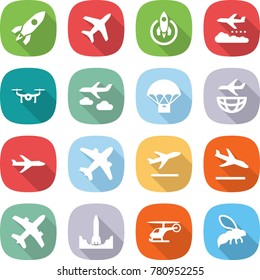 flat vector icon set - rocket vector, plane, weather management, drone, journey, parachute delivery, shipping, airplane, departure, arrival, start, helicopter, wasp