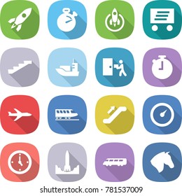 flat vector icon set - rocket vector, stopwatch, delivery, stairs, sea shipping, courier, plane, train, escalator, barometer, watch, start, speed, horse