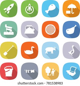flat vector icon set - rocket vector, chicken leg, insurance, aquapark, kettle, sieve, shovel, goose, sheep, foam bucket, drying clothes, garden cleaning, floor washing