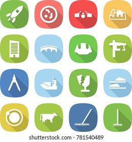 flat vector icon set - rocket vector, microbe, drawbridge, project, skyscraper, bridge, building helmet, tower crane, drawing compasses, sea shipping, broken, slippers, orbit, cow, rake