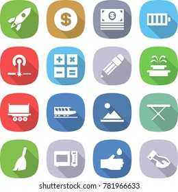 flat vector icon set - rocket vector, dollar, money, battery, laser, calculator, pencil, fountain, truck shipping, train, landscape, iron board, broom, microwave oven, hand drop, wiping