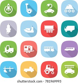 flat vector icon set - rocket vector, gyroscooter, electric car, lunar rover, spark plug, sea shipping, truck, fork loader, trailer, bus, speed train, plow, pickup, tractor, wash