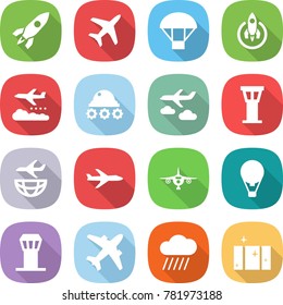 flat vector icon set - rocket vector, plane, parachute, weather management, lunar rover, journey, airport tower, shipping, air ballon, airplane, rain cloud, clean window