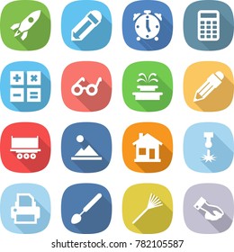 flat vector icon set - rocket vector, pencil, alarm clock, calculator, pacemaker, fountain, truck shipping, landscape, home, laser, printer, big spoon, rake, wiping