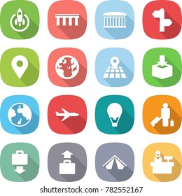 flat vector icon set - rocket vector, bridge, airport building, signpost, geo pin, globe, map, package, earth, plane, air ballon, passenger, baggage get, tent, reception