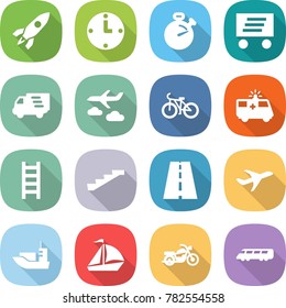 flat vector icon set - rocket vector, clock, stopwatch, delivery, journey, bike, ambulance car, ladder, stairs, road, plane, sea shipping, sail boat, motorcycle, speed train