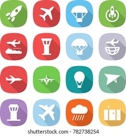 flat vector icon set - rocket vector, plane, parachute, weather management, airport tower, delivery, shipping, air ballon, deltaplane, airplane, rain cloud, clean window