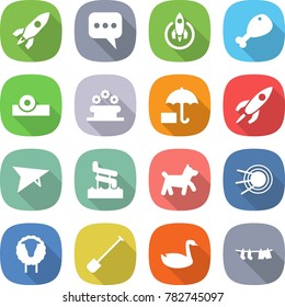 flat vector icon set - rocket vector, message, chicken leg, head reflector, flower bed, insurance, deltaplane, aquapark, dog, satellite, sheep, shovel, goose, drying clothes