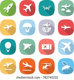flat vector icon set - rocket vector, plane, drone, journey, parachute delivery, shipping, air ballon, deltaplane, ticket, airplane, departure, arrival, helicopter, wasp