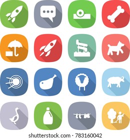 flat vector icon set - rocket vector, message, head reflector, bone, insurance, aquapark, dog, satellite, chicken leg, sheep, goose, cleanser, drying clothes, garden cleaning