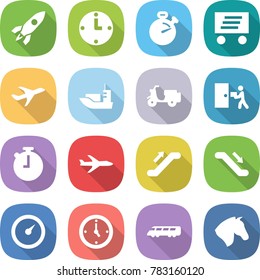 flat vector icon set - rocket vector, clock, stopwatch, delivery, plane, sea shipping, scooter, courier, escalator, barometer, watch, speed train, horse