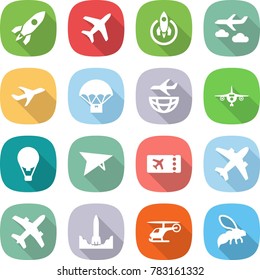 flat vector icon set - rocket vector, plane, journey, parachute delivery, shipping, air ballon, deltaplane, ticket, airplane, start, helicopter, wasp