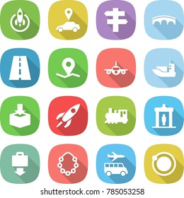 flat vector icon set - rocket vector, car pointer, singlepost, bridge, road, geo pin, plane, sea shipping, package, train, detector, baggage get, hawaiian wreath, transfer, orbit