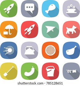 flat vector icon set - rocket vector, message, chicken leg, flower bed, insurance, deltaplane, dog, satellite, kettle, sieve, shovel, eggplant, foam bucket, drying clothes