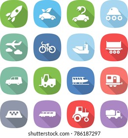 flat vector icon set - rocket vector, eco car, electric, lunar rover, journey, bike, sea shipping, truck, fork loader, train, trailer, taxi, speed, tractor, sweeper