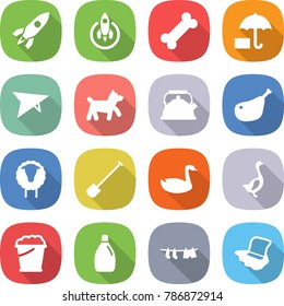 flat vector icon set - rocket vector, bone, insurance, deltaplane, dog, kettle, chicken leg, sheep, shovel, goose, foam bucket, cleanser, drying clothes, floor washing