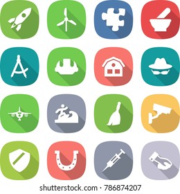 flat vector icon set - rocket vector, windmill, puzzle, mortar, draw compass, building helmet, house, confidential, plane, surfer, broom, surveillance camera, shield, horseshoe, syringe, wiping