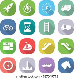 flat vector icon set - rocket vector, lightning, delivery, bike, sand clock, ladder, scooter shipping, consolidated cargo, sail boat, escalator, watch, start, speed train, horse