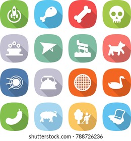 flat vector icon set - rocket vector, chicken leg, bone, skull, flower bed, deltaplane, aquapark, dog, satellite, kettle, sieve, goose, eggplant, sheep, garden cleaning, floor washing