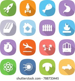 flat vector icon set - rocket vector, hoverboard, chicken leg, stomach, brick, smart house, fence, flammable, stopwatch, arrival, palm hammock, dresser, atom, satellite, mushroom, pickup
