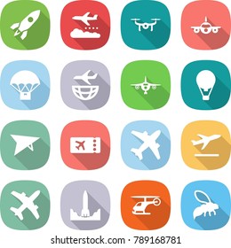 flat vector icon set - rocket vector, weather management, drone, plane, parachute delivery, shipping, air ballon, deltaplane, ticket, airplane, departure, start, helicopter, wasp