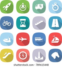 flat vector icon set - rocket vector, delivery, stopwatch, bike, sand clock, stairs, road, sea shipping, plane, train, sail boat, escalator, watch, start, horse