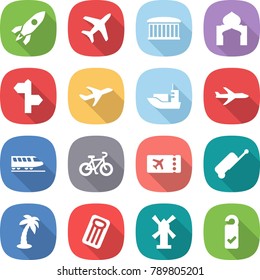 flat vector icon set - rocket vector, plane, airport building, minaret, signpost, sea shipping, train, bike, ticket, suitcase, palm, inflatable mattress, windmill, please clean