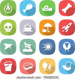 flat vector icon set - rocket vector, chicken leg, head reflector, bone, skull, flower bed, insurance, deltaplane, aquapark, satellite, sheep, foam bucket, sponge with, garden cleaning
